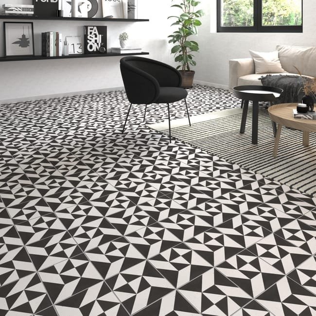carrelage géométique noir et blanc